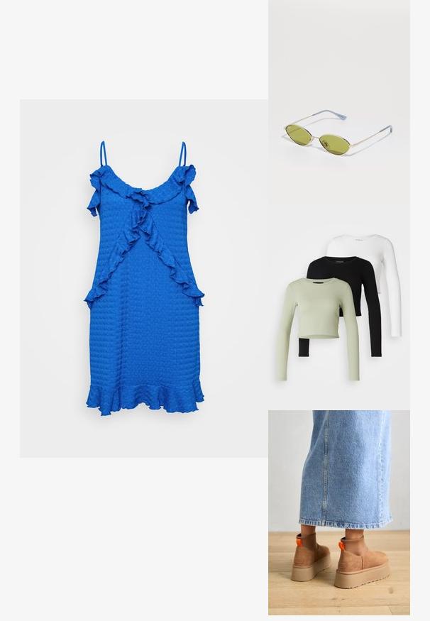Plava bezručna haljina s teksturiranim materijalom, volanima na dekolteu i rubu, te lepršavim oblikom. Bez vidljivih kopčanja ili uzoraka.; Even&Odd Petite 3 PACK - Top dugih rukava - black/white/light green; Smeđe suede platform čizme s elastičnim bočnim panelima i narančastim vučnim trakama, uparenim s suknjom od svijetlog denima do koljena na drvenom podu.; Maslinasto zelene sunčane naočale s tankim zlatnim okvirom i plavim detaljima na drškama. Ovalni leće i minimalistički dizajn.; Srebrne okrugle naušnice s dizajnom mašne, s glatkom završnom obradom i poliranim teksturama. Kompaktni, minimalistički stil prikladan za različite prilike.