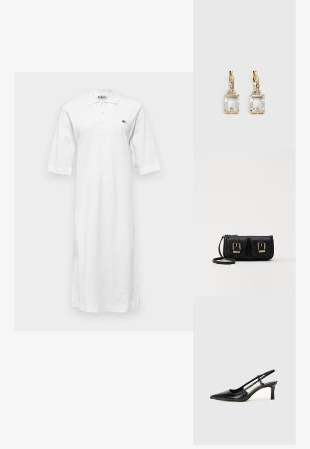 Robe polo blanche, longueur genoux, fabriquée en coton, avec un col, des manches courtes et un petit motif brodé sur la poitrine gauche.; Escarpin slingback en vernis noir avec un bout pointu, présentant un imprimé serpent texturé, une sangle réglable et un petit talon bloc texturé.; Sac en cuir noir porté en travers avec deux poches avant, boucles dorées, fermeture zippée et une sangle fine. Surface texturée et forme rectangulaire compacte.; Boucles d'oreilles en or lumineux avec un cristal rectangulaire transparent pendent sous une rangée de petits accents ronds transparents. Design élégant et moderne.