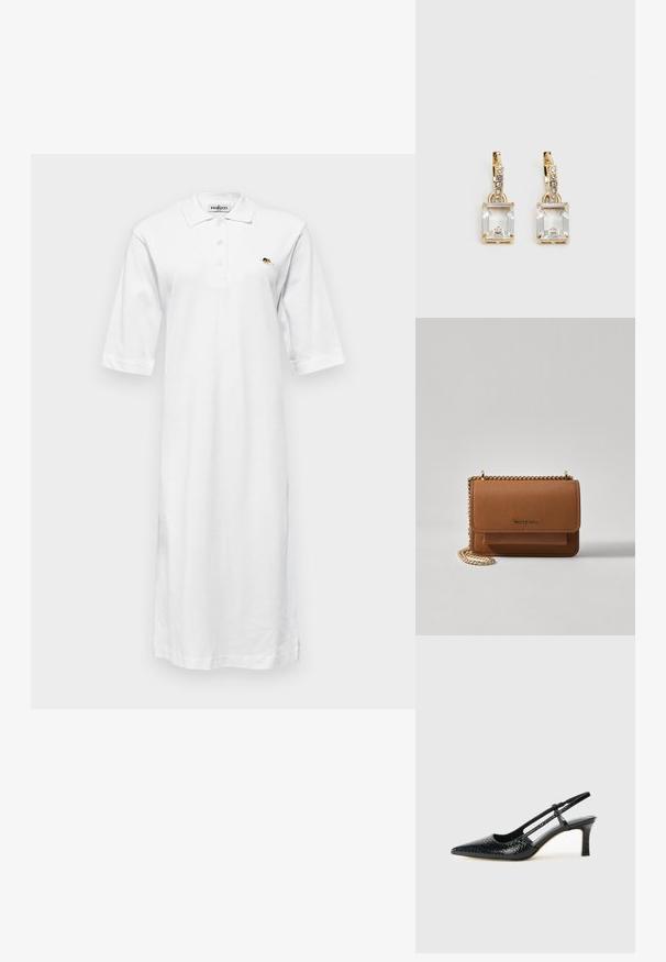 Robe polo blanche, longueur genoux, fabriquée en coton, avec un col, des manches courtes et un petit motif brodé sur la poitrine gauche.; Escarpin slingback en vernis noir avec un bout pointu, présentant un imprimé serpent texturé, une sangle réglable et un petit talon bloc texturé.; Sac en cuir texturé marron en bandoulière avec une sangle en chaîne dorée et une fermeture à rabat. L'avant présente un détail de logo et une poche sous le rabat.; Boucles d'oreilles en or lumineux avec un cristal rectangulaire transparent pendent sous une rangée de petits accents ronds transparents. Design élégant et moderne.