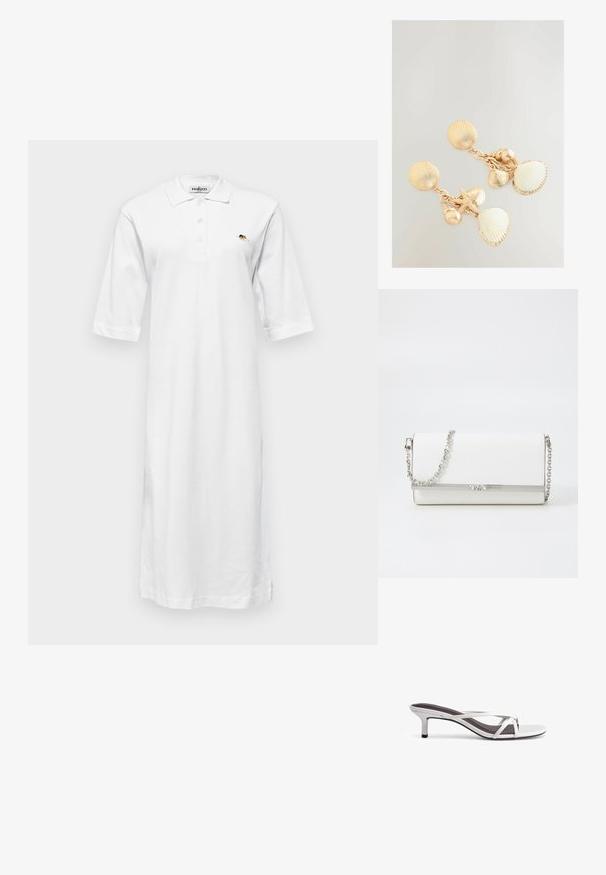 Biela, po kolená dlhá polo šaty vyrobené z bavlny s golierom, krátkymi rukávmi a malým vyšitým dizajnom na ľavom prsníku.; Strieborné sandále na podpätku s dizajnom krížových popruhov, hladkou textúrou a špicatou špičkou. Podpätok má výšku približne dva palce.; MICHAEL Michael Kors MONA - Taška cez plece - optic white; Zlaté náušnice s okrúhlymi vzormy z mušle, morskou hviezdou a dvoma visiaci mušľami s rýhami, ktoré predvádzajú textúrovaný povrch.