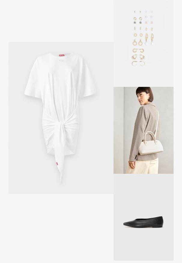 Bílá šaty ve tvaru trička s krátkými rukávy, uzel vpředu, měkká bavlněná látka a malá štítková značka Diesel na výstřihu.; Černé kožené baleríny, špičatá špička, minimalistický design, hladký povrch, nízký podpatek, žádné viditelné kovové prvky nebo ozdoby.; Bílá strukturovaná kabelka s krátkými uchy a ramenním popruhem, zdobená zlatými kovovými prvky a texturovaným materiálem, vystavená na šedém pozadí.; Sada náušnic ve zlatém tónu s různými designy, včetně pecek, kruhů a visacích kousků s perlami a rhinestony.