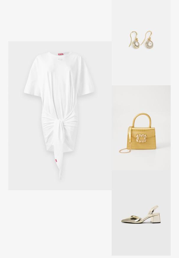 Bílá šaty ve tvaru trička s krátkými rukávy, uzel vpředu, měkká bavlněná látka a malá štítková značka Diesel na výstřihu.; Kovové zlaté pantofle na podpatku s špičatou špičkou a masivním podpatkem. Hladký povrch, minimalisticý design a úzký pásek.; Žlutá kabelka z umělé krokodýlí kůže se strukturovaným designem, horním uchopem, odnímatelným řetízkovým popruhem a dekoračním krystalovým zdobením na zapínání.; Náušnice ve zlatém tónu s oválnými průhlednými krystaly obklopenými menšími průhlednými kameny, se zapínáním na háček pro bezpečné nošení.