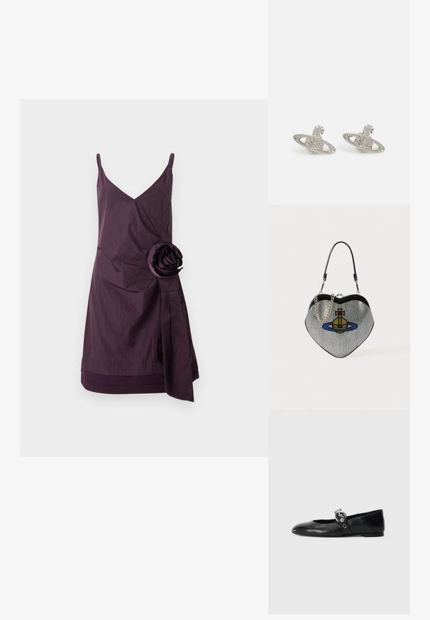 Violet bez piedurknēm kleita ar V veida kakla izgriezumu, kurai ir krunkota tekstūra un liela auduma roze uz kreisās puses. Apvākojoša dizaina elements jostas daļā.; Melnas ādas baleta kurpes ar smailu purngalu, ar siksniņu ar apaļu metāla sprādzi un platu zoli.; Sirds formas somiņa izgatavota no sietiņmateriāla ar metālisku apdari, ar kaķa un planētas dizainu zilos, dzeltenos un sarkanajos toņos. Ietver ķēdes siksnu.; Sudraba auskari, kas veidoti Saturnam līdzīgā formā, ar teksturētu planētu un gredzenu, rotāti ar mazām caurspīdīgām kristālu pērlēm un loku formas stienīti.