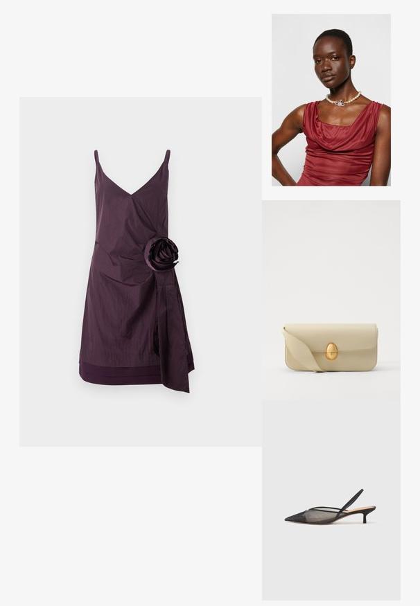 Vestido roxo sem mangas com decote em V, apresentando uma textura enrugada e uma grande rosa de tecido como detalhe do lado esquerdo. Detalhe de design envolvente na cintura.; NEOUS IRENA - Saltos clássicos - black; Bolsa de mão em pele bege com uma textura lisa, forma retangular e um fecho oval dourado. Possui uma alça longa e ajustável.; Vestido de gola drapeada, de um vermelho profundo, com uma textura suave. Apresenta um colar de pérolas com um detalhe prateado decorativo ao centro.