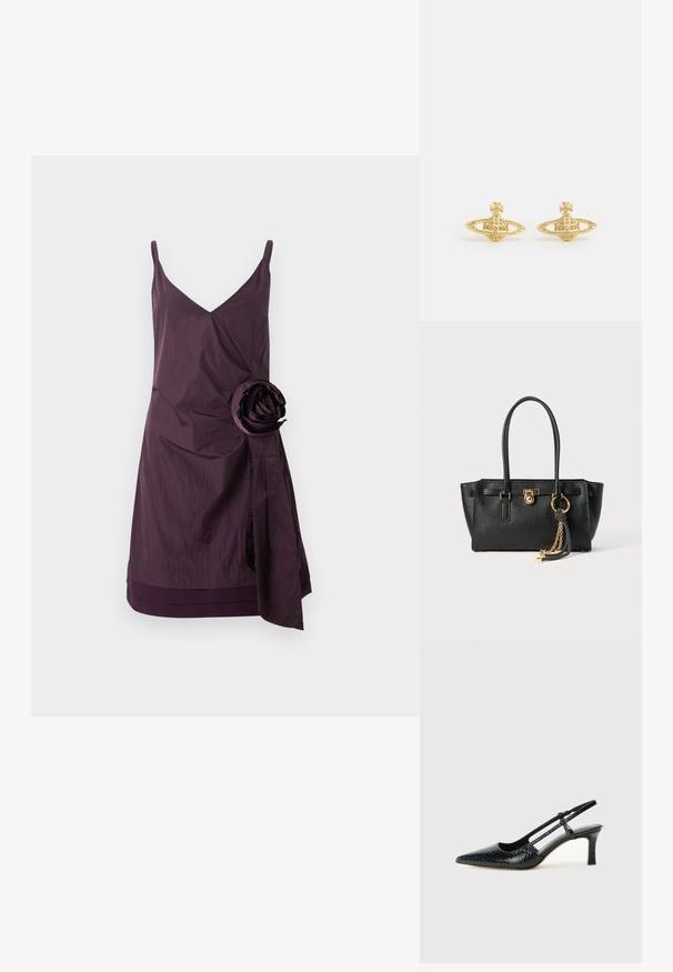 Violet bez piedurknēm kleita ar V veida kakla izgriezumu, kurai ir krunkota tekstūra un liela auduma roze uz kreisās puses. Apvākojoša dizaina elements jostas daļā.; Melna patent āda ar slīdošo papēdi un smailo purngalu, ar teksturētu čūsku drukājumu, regulējamu siksniņu un īsu teksturētu blokpapēdi.; Melnas ādas rokassomu ar divām rokturiem, zelta slēdzi un ķēdes detaļu, kā arī melnbaltu pušķa aksesuāru uz balta fona.; Vivienne Westwood MINI BAS RELIEF EARRINGS - Auskari - gold-coloured