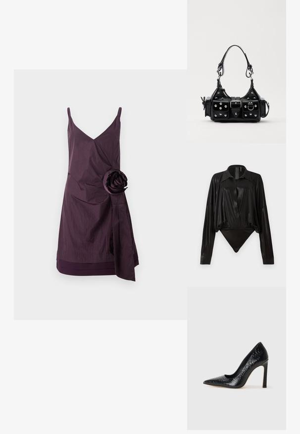 Violet bez piedurknēm kleita ar V veida kakla izgriezumu, kurai ir krunkota tekstūra un liela auduma roze uz kreisās puses. Apvākojoša dizaina elements jostas daļā.; Melnā bodijakā ar garām piedurknēm, V-veida kaklu un pieguļošu siluetu. Izgatavots no spīdīga, gluda auduma ar strukturētu apkakli un aprocēm.; Melni augstpapēžu apavi ar norādītu purngalu, ar krokodila ādas tekstūru, izceļoties ar elegantu dizainu, augstu stiletto papēdi un gludu melnu interjeru.; Melnas ādas rokturmais ar izliekumu, ar sudraba iedurtiem, sprādzi un divām sānu kabatām. Regulējams siksniņas garums dažādām nēsāšanas iespējām.