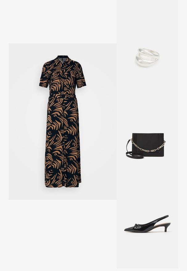 Mustriga musta kangast särk-kleit, millel on lühikesed varrukad, vöökoht ja maksimaalne pikkus.; Mustast patendnahast slingback kingad terava varba, väikese kontsaga ja dekoratiivse paela detailiga pealmises osas. Üldiselt sile tekstuur.; Mustast nahast õlakott, mis omab siledat tekstuuri, ristküliku kuju ning esiküljel metallketi detaili. Reguleeritav rihm on kaasas.; Hõbedane kahekordne rõngas sujuva, poleeritud pinnaga. Omab voolavat, kõverat disaini, millel on kattuvad sektsioonid, et saavutada kaasaegne ilme.