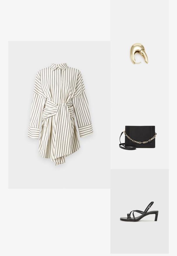 Juostuotas, mygtukais užsegamas suknelės marškinėliai, kreminės ir tamsiai rudos spalvų. Su akcentu su pomponu ir plačiomis rankovėmis. Lygus audinys ir apykaklė.; Juodi šlepetės su kvadratiniu pirštu ir žemu bloku kulnu. Yra keli ploni dirželiai ir reguliuojamas kulkšnies diržas. Pagaminti iš lygios odos.; Juodas odinis per petį nešiojamas krepšys turi lygų paviršių, stačiakampio formą ir metalinę grandinėlę priekyje. Pridedama reguliuojama dirželis.; Aukso tono metalinės auskarai su stilingu, kreiviu dizainu. Išsiskiria ryškiu smailiu pavidalu, poliruota paviršiumi ir užsegimu su vyriu.