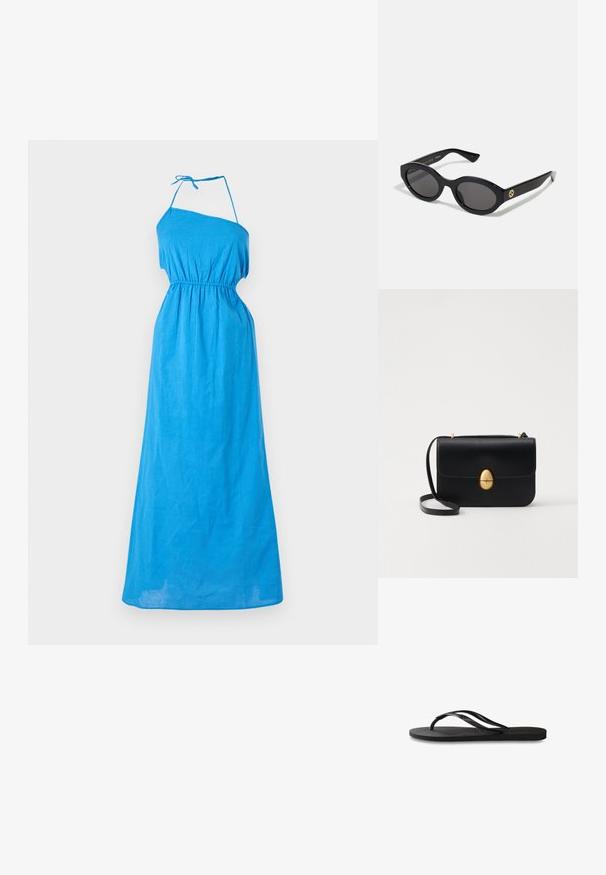 Blauwe maxi-jurk met één schouder van lichtgewicht stof, met een elastische tailleband en een verstelbare strik op de schouder voor een goede pasvorm.; Zwarte flip-flop met een gestructureerde rubberen zool, twee slanke banden en een subtiele, ingedrukte logo-detail op de band.; Zwarte ovale zonnebril met donkere glazen en een glanzend kunststof frame. Heeft een gouden logo op de poot, dat een strakke en moderne uitstraling biedt.; Zwarte leren handtas met een gestructureerde rechthoekige vorm. Voorzien van een gouden ovale sluiting en een dunne schouderband. Glad van textuur.