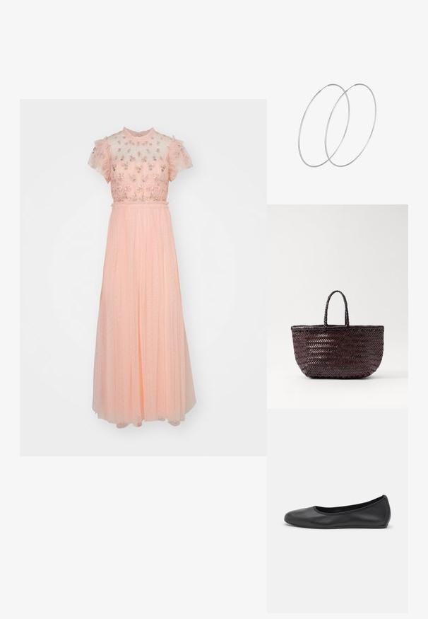 Needle & Thread ROCOCO BODICE ANKLE GOWN - Ballkleid - faded coral; Schwarze Leder-Ballettschuhe mit abgerundeter Spitze, glatter Textur, minimalen Nähdetails und einem flexiblen Sohlen-Design.; DRAGON DIFFUSION BAMBOO TRIPLE JUMP SMALL - Handtasche - dark brown; Silberne Creolen mit minimalistischem Design. Rundform, glatte Oberfläche und dünnes Profil. Leichtgewichtig mit hochglänzender Oberfläche.