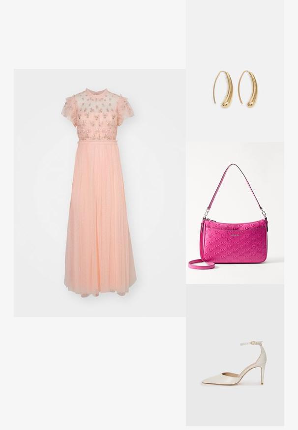 Needle & Thread ROCOCO BODICE ANKLE GOWN - Occasion wear - faded coral; White leather high-heeled shoe with a pointed toe, ankle strap, and a slim stiletto heel. Smooth texture with subtle glossy finish.; Compact pink handbag made of textured leather, featuring an embossed logo pattern, a zip closure, and an adjustable strap.; Gold-tone metal hoop earrings with a curved, elongated shape. Features a smooth, shiny surface and a rounded tip for added detail.