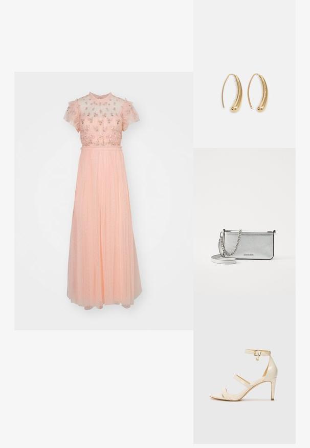 Needle & Thread ROCOCO BODICE ANKLE GOWN - Occasion wear - faded coral; Beige high-heeled sandals with thin ankle strap and two upper straps. Glossy patent finish and gold hardware detail on the ankle strap.; Silver leather crossbody bag with a textured finish, chain and strap accents, and a zipper closure. Features a logo on the front.; Gold-tone metal hoop earrings with a curved, elongated shape. Features a smooth, shiny surface and a rounded tip for added detail.