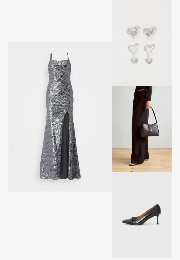 Rochie de seară argintie cu paiete, cu bretele subțiri, corset ajustat și deschidere până la coapsă. Căptușeală netedă de culoare neagră dedesubt.; Pantofii cu toc înalt din piele lacuită neagră, cu vârf ascuțit, detalii decorative cu curea în față și toc subțire tip stiletto.; Genți negre cu o formă structurată, textură netedă și un închizător metalic. Asortată cu pantaloni negri largi și sandale cu vârf deschis pe un podea din lemn.; Cerceii în formă de inimă argintie sunt decorați cu pietre clare fațetate, având un cadru texturat. Setul include stiluri cu buton și cu pandantiv.