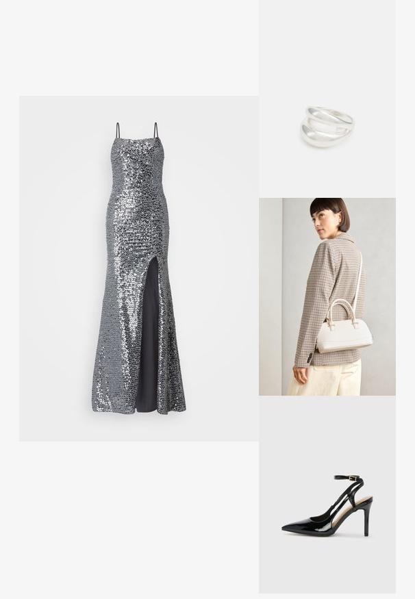Sidabrinė blizgučių vakarinė suknelė su plonais petnešomis, prigludusia liemene ir aukštu įpjovimu. Po ja lygus juodas pamušalas.; Juodas patentuotas odinis aukštakulnis batelis su siauru pirštu, reguliuojama kulkšnies juosta ir atvirais šonais. Lygi tekstūra.; Balta struktūruota rankinė su trumpomis rankenomis ir peties diržu, su auksinėmis detalėmis ir tekstūruota medžiaga, pastatyta prieš pilką foną.; Sidabrinis dvigubas žiedas su lygiu, poliruotu paviršiumi. Pasižymi sklandžiu, kreiptu dizainu su persipinančiomis dalimis, suteikiančiomis modernų išvaizdą.
