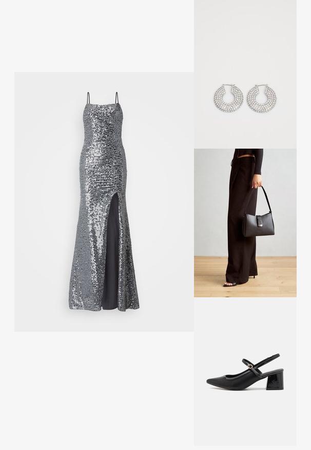 Sudrabainā sekvīnu vakartērps ar spageti siksnām, pieguļošu augšdaļu un augstu šķēlumu. Zem tā gluda melna oderes kārta.; Melns patentēts ādas sandales ar norādīta pirksta formu, noapaļotu izgriezuma dizainu un bloķētu papēdi. Iezīmēta ar zelta toņa sprādzi.; Melnā somiņa ar strukturētu formu, gludu tekstūru un metālu sprādzi. Saskaņota ar platām melnām biksēm un sandālēm ar atvērtu purngalu uz koka grīdas.; Sudraba gredzenveida auskari, kuros ir vairākas caurspīdīgas kristālu rotaslietas, ar teksturētu virsmu un atvērtu apļa dizainu.