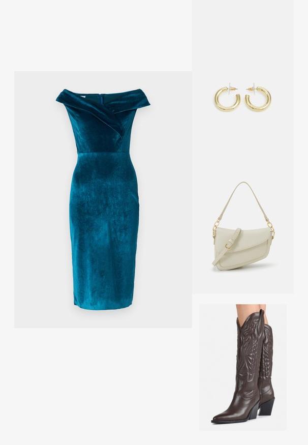 Tirkizna baršunasta haljina s otvorenim ramenima i prilagođenim siluetom, s preklopom oko vrata i centralnim zatvaranjem na zatvarač na leđima. Dužina do sredine lista.; Smeđe kožne kauboj čizme s šiljastim vrhom i blok-potpeticom, s detaljno izvezenim šavovima i uzdignutim naglascima na okovu.; Mala krem torbica s teksturiranim finišom, dugačkim podesivim remenom, lančanim detaljem i preklopom. Zlaćani hardver.; Zlatne kružne naušnice s glatkom, sjajnom završnom obradom. Kružni dizajn s malom potporom i prozirnom podlogom za sigurno nošenje.