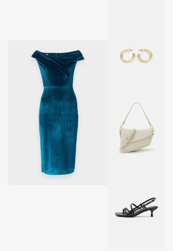 Tirkīza samta kleita ar atklātiem pleciem un pieguļošu siluetu, ar salocītu apkakli un centrālo aizmugures rāvējslēdzēju. Garums līdz vidus stilbam.; Melni papēžu sandales ar vairākiem krustveida siksnām. Gluda materiāla, norādīta purngala un šaura papēža. Regulējama potītes siksna ar sprādzīti.; Maza krēmkrāsas rokas soma ar teksturētu apdari, garu regulējamu siksniņu, ķēdes akcentu un vāciņa aizdari. Zelta aparatūras detaļas.; Zelta auskari ar gludu, spīdīgu apdari. Apaļš dizains, kas ietver mazu tapu un caurspīdīgu pamatni drošai valkāšanai.