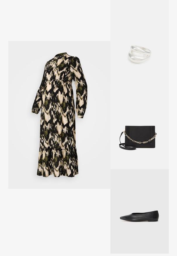 Pikk, must sünnituskleit abstraktse rohelise ja beeži mustriga, kõrge kaelusega, pikkade varrukatega, kogutud vöökoha ja kihilise volangiga äärega.; Musthave mustris balletkingad, terav nina, minimaliseeritud disain, sile pind, madal konts, ilma nähtava riistvara või kaunistusteta.; Mustast nahast õlakott, mis omab siledat tekstuuri, ristküliku kuju ning esiküljel metallketi detaili. Reguleeritav rihm on kaasas.; Hõbedane kahekordne rõngas sujuva, poleeritud pinnaga. Omab voolavat, kõverat disaini, millel on kattuvad sektsioonid, et saavutada kaasaegne ilme.