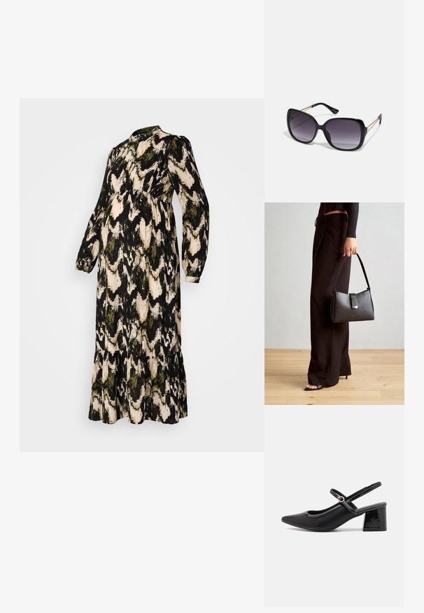 Dlhé čierne tehotenské šaty s abstraktným zeleno-bežovým vzorom, vysokým výstrihom, dlhými rukávmi, zhromaždeným pásom a stupňovou volánovou sukňou.; Čierne lakované kožené lodičky so slingback dizajnom, špicatou špičkou, zaobleným výrezom a blokovým podpätkom. Obsahuje akcent zlatého tónu s prackou.; Čierne oversized slnečné okuliare s gradientovými sklíčkami, hrubými rámami a zlatým retiazkovým detailom na stranách.; Čierna kabelka so štruktúrovaným tvarom, hladkou textúrou a kovovou sponou. V kombinácii so širokými čiernymi nohavicami a sandálmi s otvorenou špičkou na drevenej podlahe.