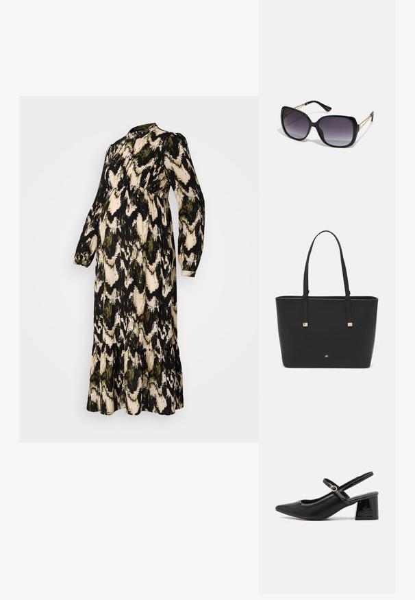 Dolga, črna materinska obleka z abstraktnim zelenim in bež vzorcem, visokim ovratnikom, dolgimi rokavi, nabranim pasom in večplastnim volančkom na robu.; Črne patentne usnjene salonarce s slingback obliko, s koničastim nosom, zaobljenim izrezom in blok peto. Imajo zlato kovinsko zaponko kot dodatno okrasje.; Črne prevelike sončne očala z degradacijskimi lečami, debelimi okvirji in zlatimi verižicami na ročajih.; Črna torba iz sintetičnega materiala, preproste pravokotne oblike, z zlatimi kvadratnimi detajli in dvojnih ročajem.