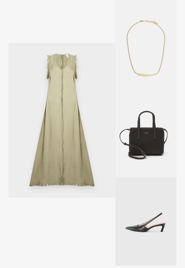 Ærmeløs olivengrøn kjole med dyb V-hals, midterste søm og frynsede detaljer ved skuldrene og kanten. Glat, let materiale.; Sorte spidse slingback-sko med en lav hæl, lavet af glat læder og med udskæringer på siden for åndbarhed.; Sort håndtaske med to korte håndtag og en aftagelig skulderrem. Glat læderagtigt materiale med lynlåslukning og logo detaljer.; Guldplateret halskæde med en glat, buet central aksent. Har en fleksibel kæde med en hummerlås og ekstra justerbare kædelinks.