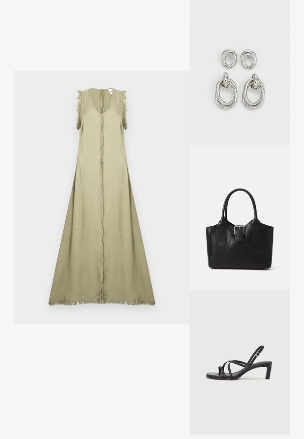 Suknja brez rokavov v olivno zeleni barvi, ki ima globok V-izrez, srednji šiv in resaste detajle na ramenskem in spodnjem robu. Gladek, lahek material.; Črne natikače s trakovi in kvadratnim prstom ter nizkim blokastim peto. Imajo več tankih trakov in nastavljiv trak okoli gležnja. Narejene so iz gladkega usnja.; Črna usnjena torba s gladko teksturo, strukturirano obliko, dvema ročkama in izrazitim srebrnim sponko na sprednji strani.; Nakit zlate barve iz kovine, ki vsebuje dva para oblik: zasukan kroglično uho in gladek kroglični uhani. Odsevna površina povečuje eleganco.