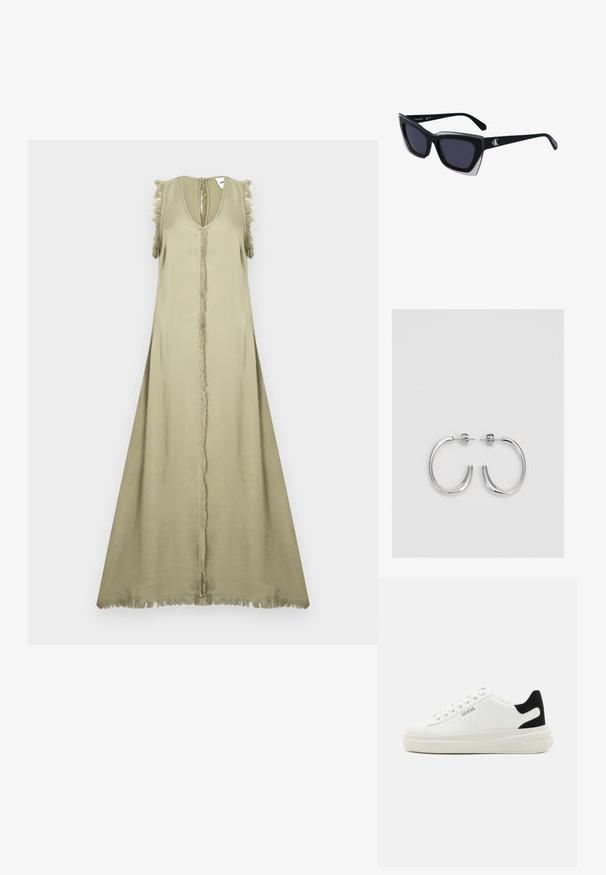 Beżowa sukienka bez rękawów z głębokim dekoltem w kształcie litery V, centralnym szwem oraz frędzlami na ramionach i u dołu. Gładki, lekki materiał.; Białe skórzane sneakersy z grubą białą podeszwą, czarnym zamszowym akcentem na pięcie oraz wytłoczonym logotypem z boku. Projekt z sznurówkami i sześcioma dziurkami.; Czarne, oversize okulary przeciwsłoneczne o geometrycznym kształcie, z ciemnymi soczewkami i kontrastującym szarym detalem na oprawie. Logo na ramieniu.; Srebrne kolczyki na biglu o gładkim, błyszczącym wykończeniu. O zaokrąglonym kształcie, lekkim designie, z zamknięciem na zatrzask.