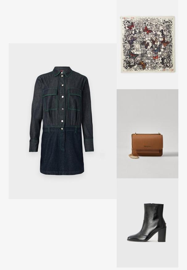 Tume teksari kleit, millel on nööpidega esiosa, kaks rinna taskut ja rohelised tikandid. Pikkade varrukate all on nööpidega mansetid.; Must kõvale nahast pahklipsu saapad, millel on sile tekstuur, terav varvas ja paks kõrge kann. Omab külgavatust ja minimalistlikku disaini.; Ruudukujuline siidist sall, millel on detailitud liblikate illustreerimist erinevates värvides heleda tausta peal, mustade kontuuride ja dekoratiivsete mustritega.; Pruun tekstureeritud nahk ristkeha kott kuldse ahelaga rihmaga ja klapiga sulgemine. Esiküljel on logo detail ja tasku klapi all.