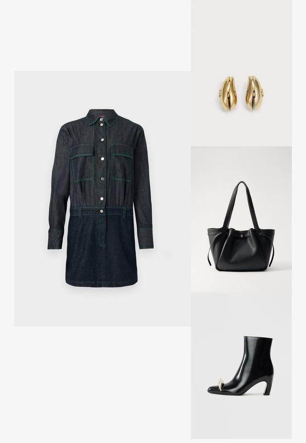 Tmavá džínsová košeľová šaty s gombíkovým zapínaním, dvoma vreckami na hrudi a zeleným prešívaním. Dlhé rukávy s gombíkovými manžetami.; Čierne členkové topánky vyrobené z lesklej kože, s ostrou špičkou a dekoratívnym zlatým a strieborným akcentom vpredu. Dizajn na blokovom podpätku.; Čierna kožená taška na rameno s dvoma dlhými popruhmi, sťahovaným vrcholom a zlatým kruhovým akcentom. Hladký povrch s minimalistickým dizajnom.; Náušnice zlatého odtieňa s plynulým, zakriveným dizajnom. Každá náušnica má hladký povrch a malú sponu s dekoratívnym prvkom.