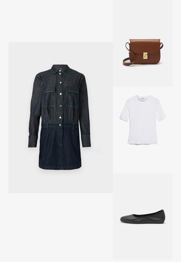 Vestido de camisa de mezclilla oscura que presenta un frente con botones, dos bolsillos en el pecho y detalles en color verde. Manga larga con puños abotonados.; Camiseta de manga corta blanca hecha de tela de canalé. Cuello redondo, corte regular y detalles de costura sutiles. Sin patrones ni gráficos.; Bailarina de piel negra con punta redondeada, textura suave, detalle de costura minimalista y diseño de suela flexible.; Bolso de mano de cuero marrón con cierre de solapa, herrajes en tono dorado, correa para el hombro y una textura suave. Forma rectangular compacta.