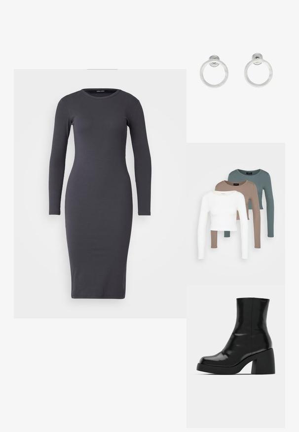 Přiléhavé dlouhé šaty z tmavě šedého žebrovaného materiálu s kulatým výstřihem, délka ke kolenům a hladká textura. Žádné viditelné hardware.; Tři dlouhé rukávy topy ve zkrácené délce naskládány na sobě, barvy bílá, béžová a tlumená modrozelená, s kulatými výstřihy na světle šedém pozadí.; Černé kotníkové boty s lesklým povrchem, čtveratou špičkou a silným blokovým podpatkem. Design se vyznačuje bezproblémovým siluetu a minimálním brandingem.; Stříbrné kovové kruhové náušnice s broušenou texturní úpravou, s kulatým designem a průhledným záznamem pro bezpečné nošení.