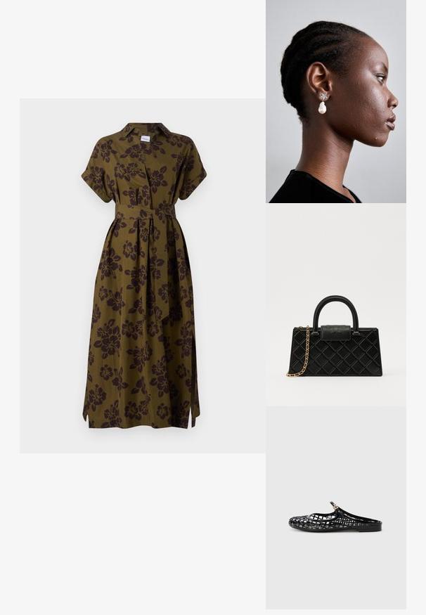 ASPESI ABITO - Paitamekko - militare; Tory Burch MELLOW MARY JANE - Matalakantaiset pistokkaat - perfect black/gold; Mustaväri käsilaukku, joka on valmistettu teksturoidusta nahasta ja jossa on timanttikuvio, kultasävyinen ketjuolkaintassa ja pääkahva, jossa on logolla painettu läppä.; Tory Burch STAR DROP EARRING - Korvakorut - silver-coloured