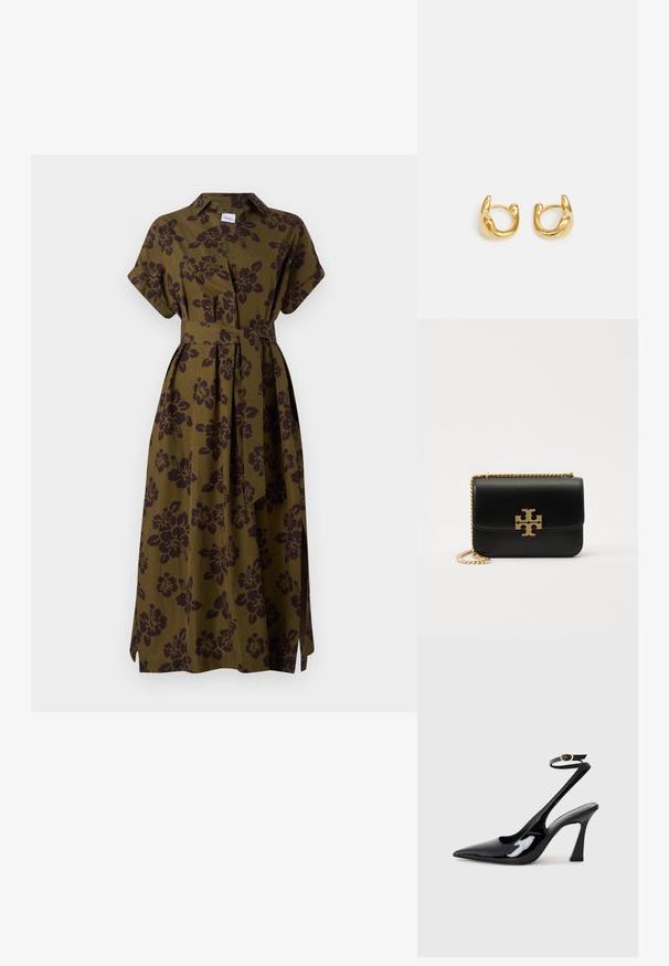 ASPESI ABITO - Rochie tip cămașă - militare; Sandale cu toc înalt din piele patent neagră, cu vârf ascuțit, curea ajustabilă la gleznă și toc mediu pătrat. Textură netedă cu un finisaj lucios.; Geantă de mână din piele neagră, cu curea din lanț auriu și accent de logo. Are o formă rectangulară și un capac tip fold-over. Textură netedă.; Cercei din aur cu un design neted și rotunjit, având un finisaj lustruit. Cerceii au o formă compactă și chunky și un închizător fără sudură.