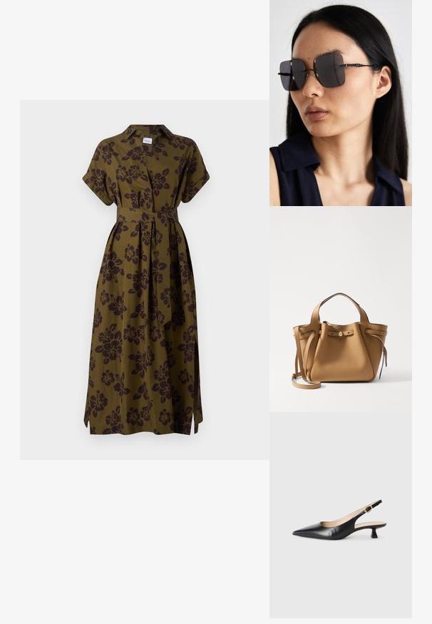 ASPESI ABITO - Abito a camicia - militare; Scarpe slingback in pelle nera con tacco gattino, punta affusolata e fibbia dorata sulla cinghia laterale, su sfondo bianco.; Occhiali da sole neri oversize con lenti quadrate, sottili montature nere e dettagli decorativi lavorati sulle tempie. Indossati da una modella con lunghi capelli neri.; Tory Burch ROMY PEBBLED SATCHEL - Borsa a mano - tiramisu