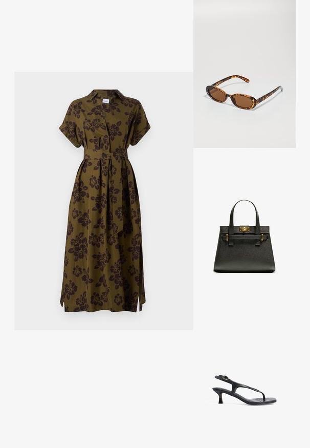 ASPESI - Sukienka koszulowa; Czarne skórzane sandały o smukłym designie, cienkich paskach i małym obcasie. Posiadają akcent w postaci sprzączki oraz gładką, teksturowaną wkładkę.; Okulary przeciwsłoneczne w cętkowanym stylu z owalnymi oprawkami, brązowymi soczewkami i smukłymi czarnymi ramionkami z subtelnymi akcentami wzoru.; Czarna torebka na ramię o teksturowanej powierzchni z krótkimi uchwytami, z złotym zapięciem i akcentami. Projekt jest zorganizowany, o geometrycznej sylwetce.