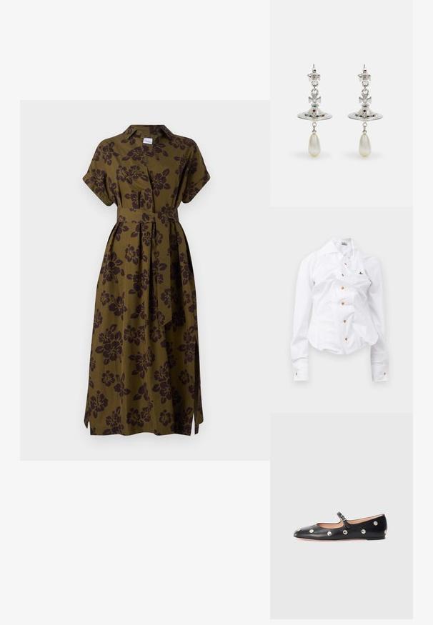 ASPESI ABITO - Marškininė suknelė - militare; Balta ilgomis rankovėmis marškiniai su prigludusia išvaizda. Yra didelis apykaklė, priekinis užsegimas su rudais mygtukais ir mažas siuvinėtas logotipas.; Juodų odinių Mary Jane plokščių batų su apvaliu pirštu, papuoštų sidabriniais apvaliais nagais ir reguliuojamu dirželiu su sagtimi.; Sidabrinės auskarai su apvaliu žiedu, papuošti spindinčiomis akmenimis ir ašarėlės formos perlo pakabučiu. Išskirtinis dizainas su rafinuotais akcentais.