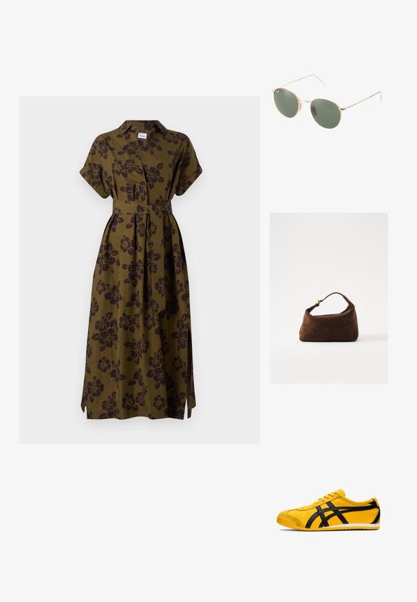 ASPESI ABITO - Paitamekko - militare; Keltainen urheilukenkä mustilla yksityiskohdilla, sileä nahkatekstuuri, kaareva muotoilu, pyöreä varvas, litteä valkoinen pohja ja huomattava brändäys sivussa.; Kultaiset metallikehyiset aurinkolasit, joissa on vihreät linssit, pyöreä muoto, ohuet templet ja valkoiset muoviset korostukset varsien päissä.; Ruskea nubukkilaukku, jossa on kaareva muoto, lyhyt kahva ja kultaiset yksityiskohdat. Sileä pinta ja minimalistikotaitto.; Panta browni, yang transparan, dengan permukaan halus dan bulat serta marbling halus; memiliki label merek kecil di bagian interior.