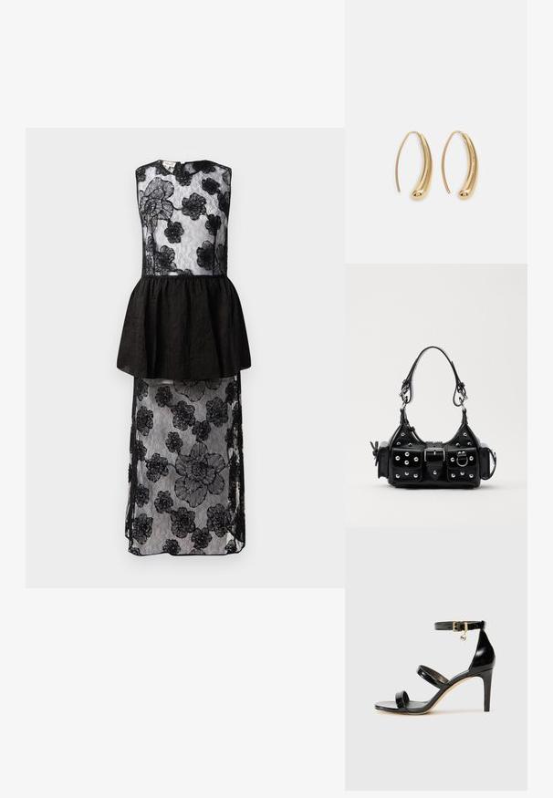 Čierne šaty s čipkovou aplikáciou a kvetinovým vzorom, s peplum pásom, bez rukávov a dlhým, splývavým strihom.; Čierne lakované sandále s tromi pásikmi, spona na členku a 10 cm ihlovým podpätkom. Obsahujú zlaté detaily s hardwarem a logo prívesok.; Čierna kožená kabelka s zakriveným dizajnom, doplnená striebornými cvočkami, prackou a dvoma bočnými vreckami. Nastaviteľný popruh poskytuje rôzne možnosti nosenia.; Náušnice vo forme zlatých kovových kruhov s zakriveným, predĺženým tvarom. Majú hladký, lesklý povrch a zaoblený koniec pre pridanie detailu.