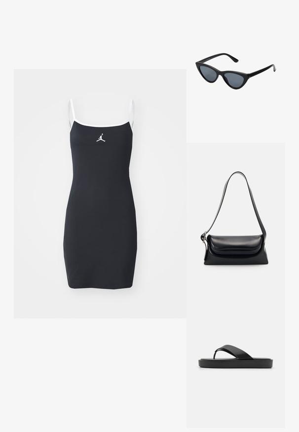 Černé žebrované šaty s bílými ramínky a lemováním. Obsahují logo Jumpman na hrudi. Přiléhavý střih, délka po kolena.; Černé žabky s hladkým horním páskem a texturovanou platformou. Minimalistický design s nízkým profilem.; Černé sluneční brýle ve stylu "cat-eye" s tmavě šedými skly, elegantním plastovým rámečkem, špičatými rohy a rovnými stranami. Bez viditelného kování nebo ozdob.; Černá kožená kabelka se strukturovaným tvarem, hladkým povrchem a jedním ramenním popruhem. Obsahuje jemně zaoblený design klopy.