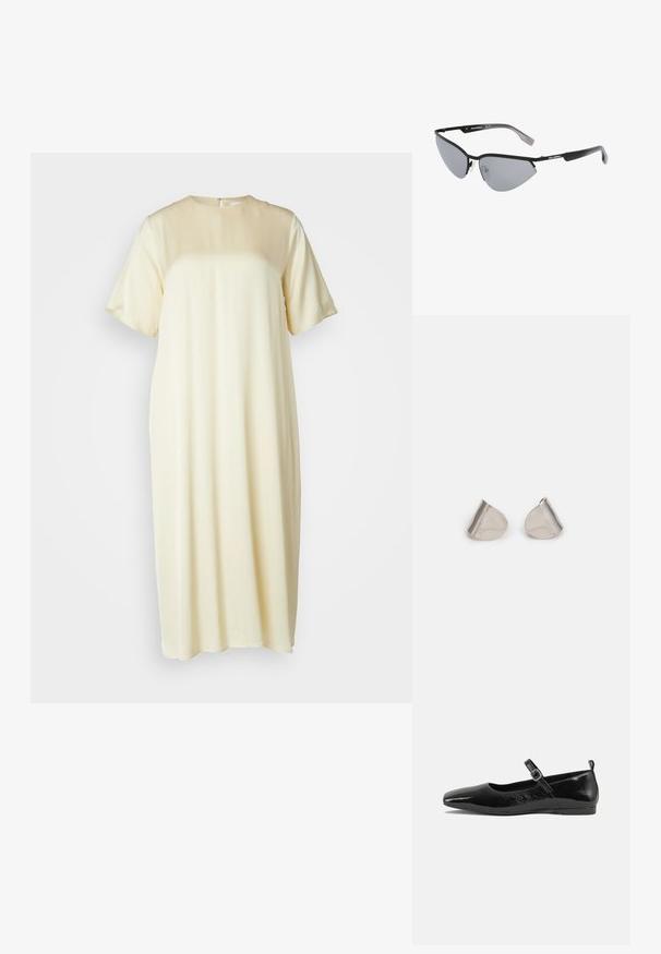 Lyhythihainen, polvipituinen mekko, joka on valmistettu pehmeästä, vaaleankeltaisesta kankaasta, jolla on sileä koostumus. Mekossa on yksinkertainen pyöreä pääntie ja selkävetoketju.; Musta patenttinaahkakenkä litteällä pohjalla, terävä kärki, nilkkahihna soljella ja sileä, kiiltävä pinta. Matala korko mukavuutta varten.; Mustat aurinkolasit, joissa on kulmikas, kissansilmämuoto. Hopeiset peililinssit. Kapeat, kevyet muovikehykset, joissa on hienovaraista brändäystä temppeleissä.; Hopea metalliset korvakorut, joissa on sileä, pisaramainen muoto ja kiillotettu pinta. Huomaamattomat kaiverrukset lisäävät yksityiskohtia. Minimalistinen muotoilu.