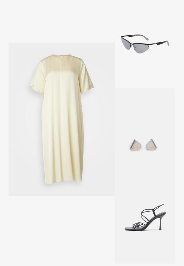Trumpas rankovės, kelių ilgio suknelė iš minkštos, šviesiai geltonos medžiagos su lygiu paviršiumi, paprastu apvaliu iškirpimu ir užtrauktuku nugaroje.; Juodos aukštakulnės sandalai pasižymi plonyčiais dirželiais su mazgo dizainu, lygiu kvadratiniu pirštu ir elegantišku stiletto kulnu.; Juodos saulės akiniai su kampuota katės akių forma. Sidabriniai veidrodiniai lęšiai. Ploni, lengvi plastikiniai rėmeliai su subtiliu ženklinimu ant šventyklų.; Sidabriniai metaliniai auskarai su lygiu, ašaros formos dizainu ir blizgiu paviršiumi. Subtilūs raižiniai prideda detalumo. Minimalistinis dizainas.