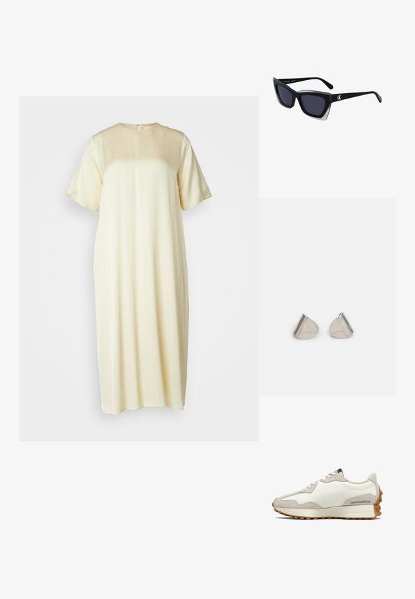 Rochie cu mânecă scurtă, până la genunchi, dintr-un material moale, de culoare galben deschis, cu o textură fină, guler rotund simplu și fermoar la spate.; Pantof sport alb și bej cu partea superioară din piele netedă și accente din piele intoarsă. Prezintă șireturi rotunde, o talpă cu amortizare și o talpă exterioară din cauciuc texturat.; Ochelari de soare supradimensionați, negri, cu o formă geometrică, având lentile întunecate și un detaliu gri contrastant pe ramă. Logo pe braț.; Cercei din metal argintiu cu o formă netedă, în formă de lacrimă și un finisaj lucios. Gravuri subtile adaugă detalii. Design minimalist.