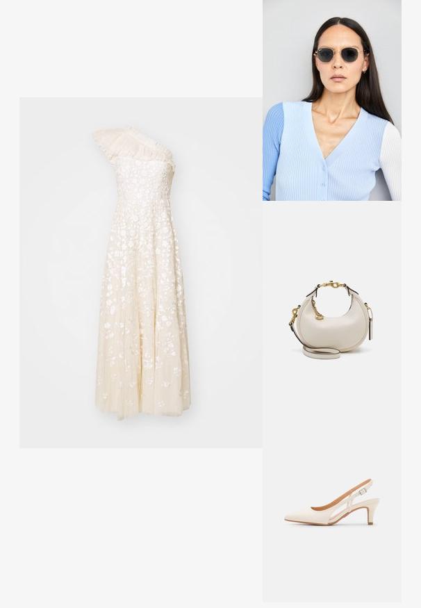 En axelbandslös krämfärgad klänning med blommig broderi, strukturerad överdel och flödande kjol. Har plisserade detaljer på axeln.; Vit slingbackklack med spetsig tå, slät ovandel, låg blockklack och sidoutskärning med justerbar spänne.; Runda solglasögon med mörka linser och guldramar. Modellen bär en ljusblå, ribbad cardigan med knappar och kontrasterande vita ärmar.; Krämfärgad läderhandväska med en halvmåneform, guldhardware, svarta detaljer och ett avtagbart axelband. Har även kedjedetaljer och ett märke.