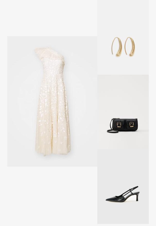 One-shoulder cream dress with floral embroidery, textured bodice, and flowing skirt. Features pleated detailing on the shoulder.; Black patent slingback heel with a pointed toe, featuring textured snake print, adjustable strap, and a short, textured block heel.; Black leather crossbody bag with two front pockets, gold buckles, zipper closure, and a slim strap. Textured surface and compact rectangular shape.; Gold-tone metal hoop earrings with a curved, elongated shape. Features a smooth, shiny surface and a rounded tip for added detail.