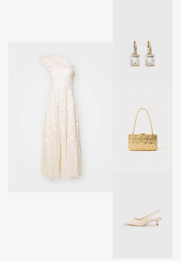 One-shoulder cream dress with floral embroidery, textured bodice, and flowing skirt. Features pleated detailing on the shoulder.; Pointed-toe slingback shoes in off-white leather, featuring a small bow detail and a low kitten heel. Smooth texture, minimalist design.; Gold sequin clutch with a rectangular shape, featuring a twisted chain handle and a metal clasp closure, reflecting light with a textured finish.; Gold-tone earrings featuring a rectangular, clear crystal dangling below a row of small, round clear accents. Sleek, modern design.