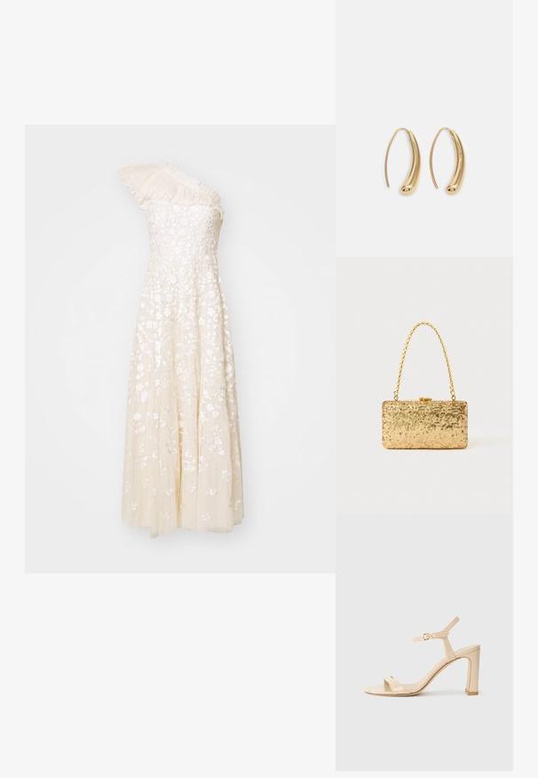 Kremowa sukienka na jedno ramię z haftem kwiatowym, teksturowanym gorsetem i swobodną spódnicą. Posiada plisowane detale na ramieniu.; Beżowe sandały na wysokim obcasie z paskiem na kostkę i złotą klamrą, z otwartym noskiem i słupkowym obcasem na białym tle.; Złota kopertówka z cekinami o prostokątnym kształcie, z zakręconym uchwytem w postaci łańcuszka oraz metalowym zapięciem, odbijająca światło o fakturowanym wykończeniu.; Złote metalowe kolczyki w kształcie obręczy o zakrzywionym, wydłużonym kształcie. Posiadają gładką, błyszczącą powierzchnię oraz zaokrąglony koniec dla dodatkowego efektu.