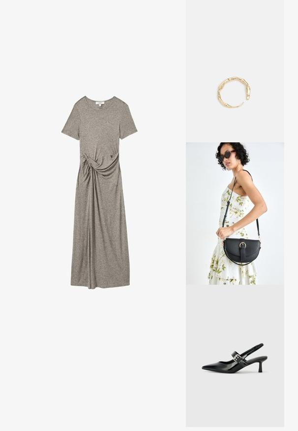 Pelēka t-krekla kleita, kas izgatavota no mīkstas, elastīgas auduma. Tai ir īsas piedurknes, apaļa izgriezuma kakls un mezgla akcents sānos.; Melnas lakotas ādas sūkņa kurpes ar norādītu purngali un mazu bloku papēdi, ar sudraba sprādzi akcentā uz jostas.; Melnas ādas rokassoma ar izliekta formu, noņemamu siksnu un zelta aksesuāriem. Somai ir vāciņš ar sprādzes detaļu.; Zelta toņa gredzens ar organisku, vērptu dizainu, gludu virsmu un sašaurinātiem galiem, radot mūsdienīgu, skulpturālu izskatu.