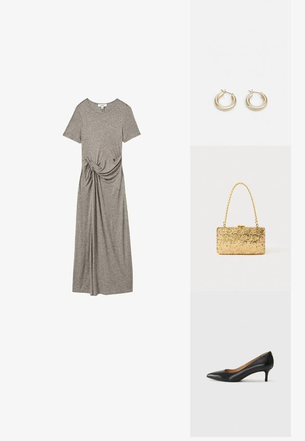 Harmaa t-paitamekko, joka on valmistettu pehmeästä ja joustavasta kankaasta. Mekossa on lyhyet hihat, pyöreä kaula-aukko ja solmuet voivat olla sivussa.; Mustat nahka-korkokengät, joissa on terävä kärki, matala korko ja sileä pinta. Edessä on pieni aukko ja takana minimaalinen varustus.; Kultaiset paljetti-clutchet, joissa on suorakulmainen muotoilu, kierretty ketjukahva sekä metallinen lukitus, heijastavat valoa teksturoidun pinnan ansiosta.; Lauren Ralph Lauren BASIC SMALL HOOP - Korvakorut - gold-coloured
