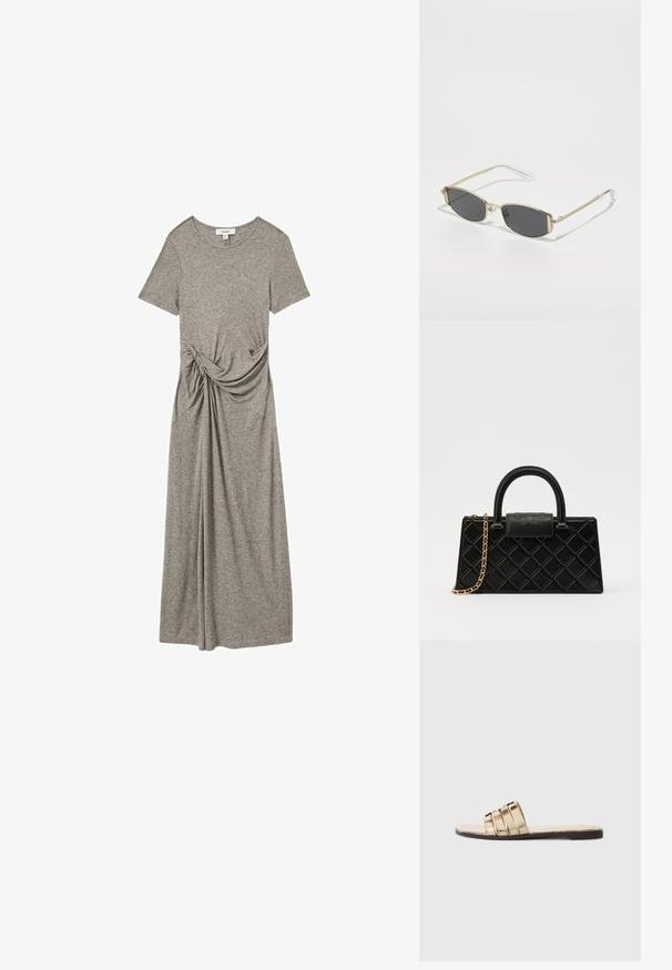 Vestido de camiseta gris hecho de una tela suave y elástica. Tiene mangas cortas, un escote redondo y un detalle anudado en el costado.; Sandalia de oro con tres tiras horizontales. Suela plana y textura de material suave, con un diseño de punta abierta.; Gafas de sol de metal dorado con forma ovalada, lentes gris oscuro y patillas transparentes. Presenta acentos decorativos en el marco.; Bolso negro hecho de cuero texturizado, con un patrón de diamantes, cadena de tono dorado y un asa superior con un cierre de tapa con el logo en relieve.
