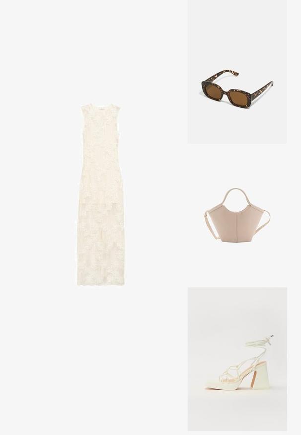 Abito lungo, di un bianco cremoso, con una texture a coste e un motivo di pizzo floreale. Design senza maniche, lungo fino al pavimento, vestibilità sartoriale e scollo rotondo.; Sandalo bianco con tacco alto, caratterizzato da un design a cinturini e un legaccio alla caviglia. Texture liscia con una piattaforma frontale per un'altezza aggiuntiva.; Occhiali da sole in tartaruga con una montatura rotonda e voluminosa e lenti marroni. Presentano delicati motivi e bracci dritti e affusolati.; Borsa in pelle beige con una forma unica, caratterizzata da due manici corti e una lunga tracolla regolabile. Texture liscia con hardware minimale.